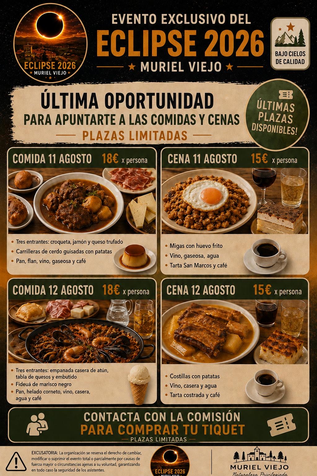 Cartel de menús del Eclipse 2026 en Muriel Viejo: comidas y cenas del 11 y 12 de agosto
