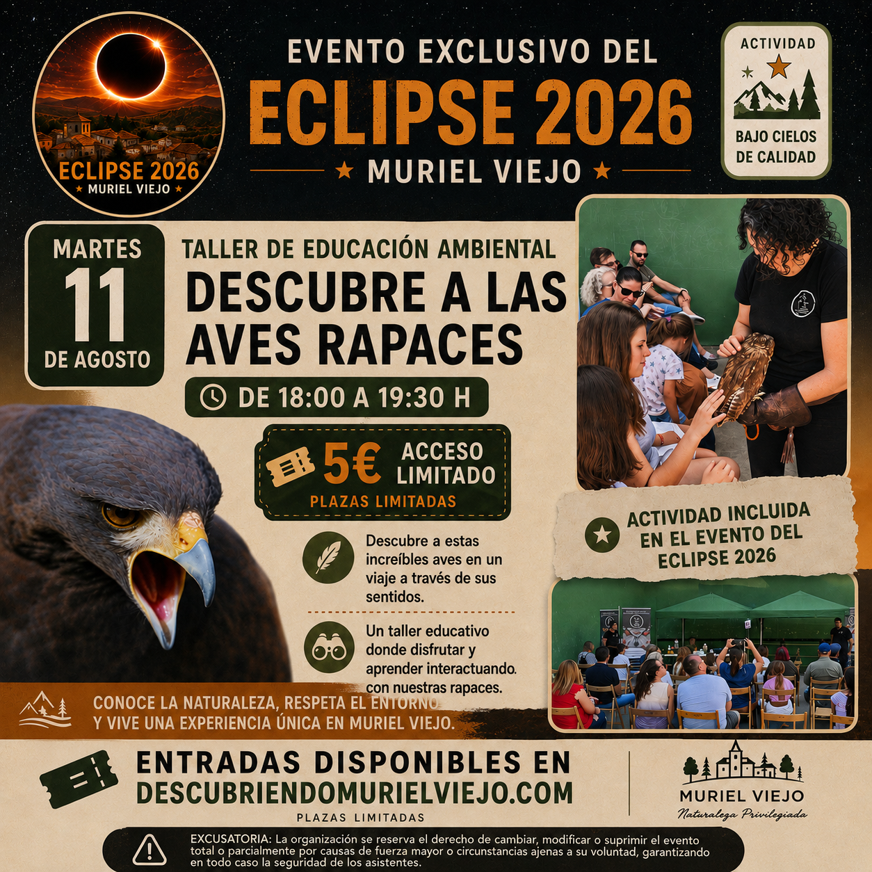 Cartel del taller Descubre a las aves rapaces, el 11 de agosto de 18:00 a 19:30 h en Muriel Viejo